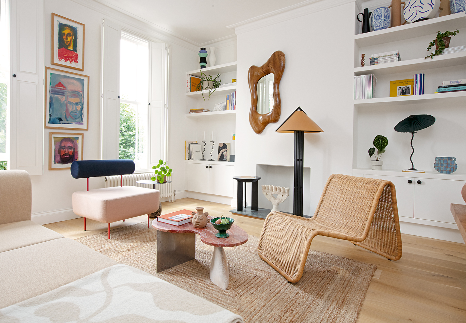 Living room with built in bookshelves