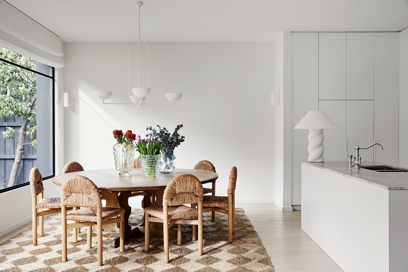 wide shot of kitchen and dining room