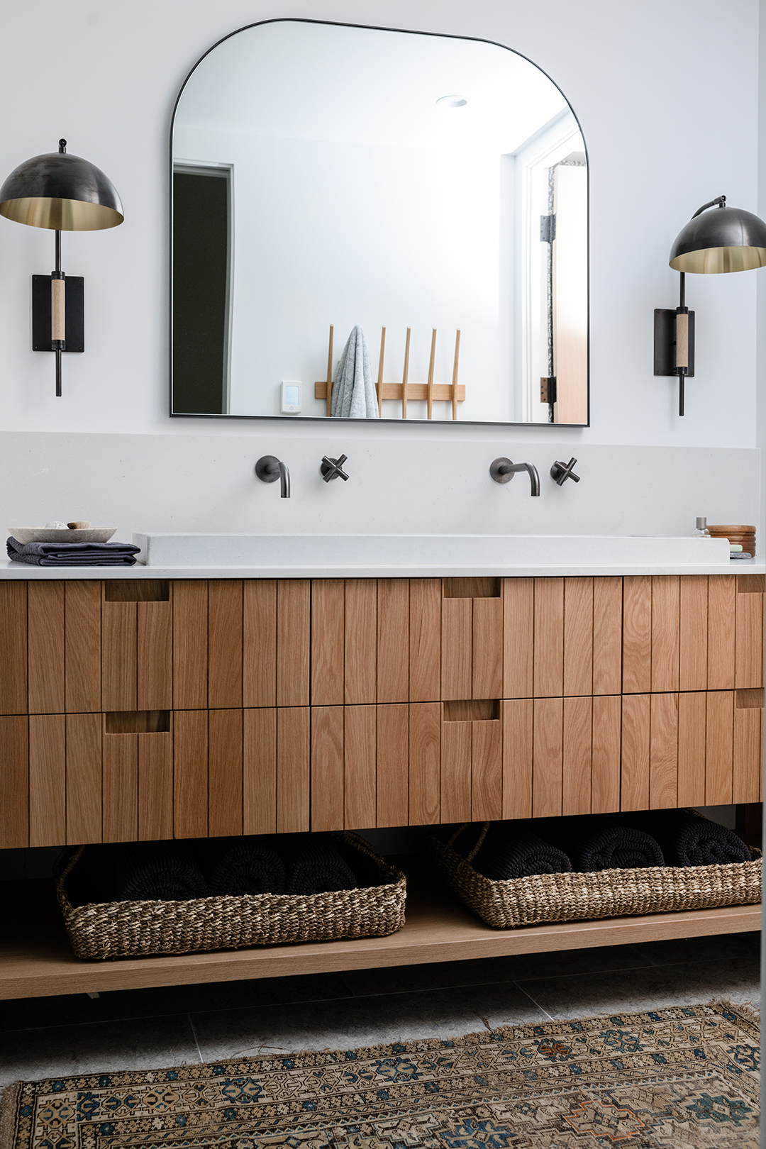 wood vanity with beaded doors