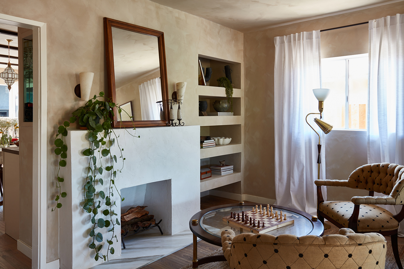 open shelves next to fireplace