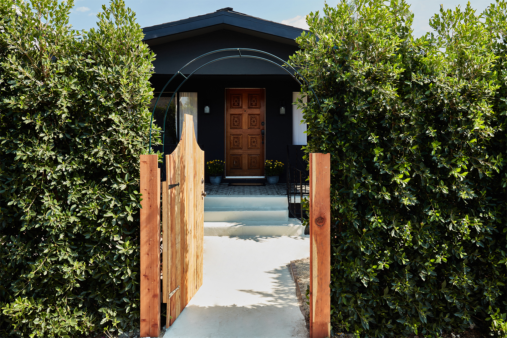 black house with hedge