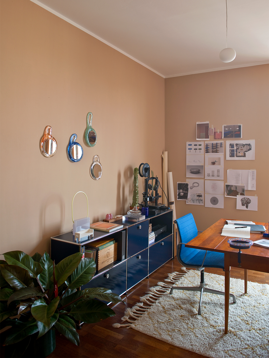 peach office with blue storage