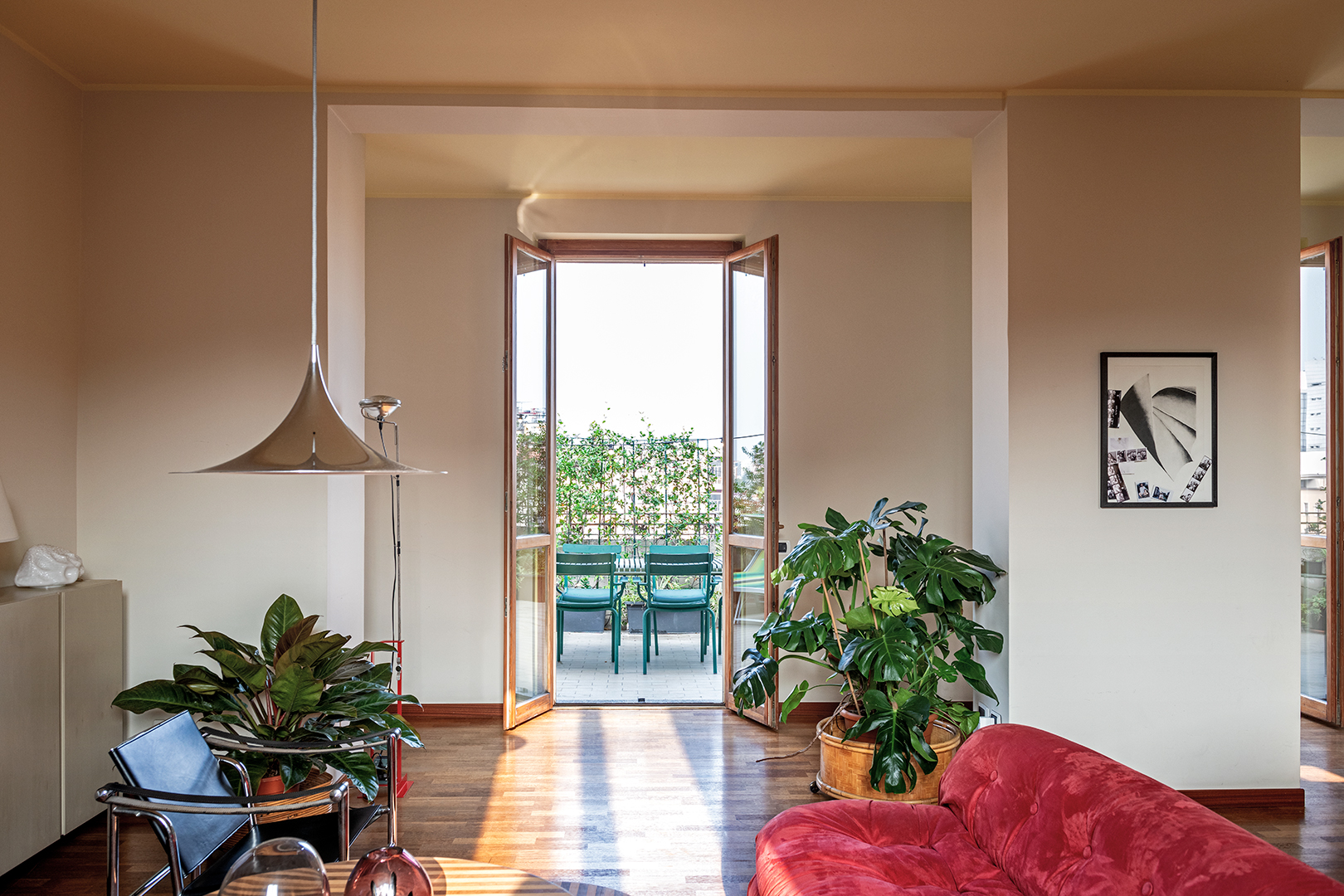 living room with doors out to terrace