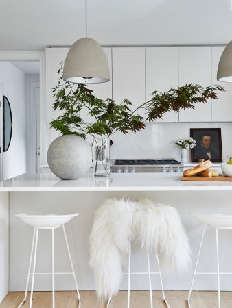 kitchen with cozy sheepskin on stool