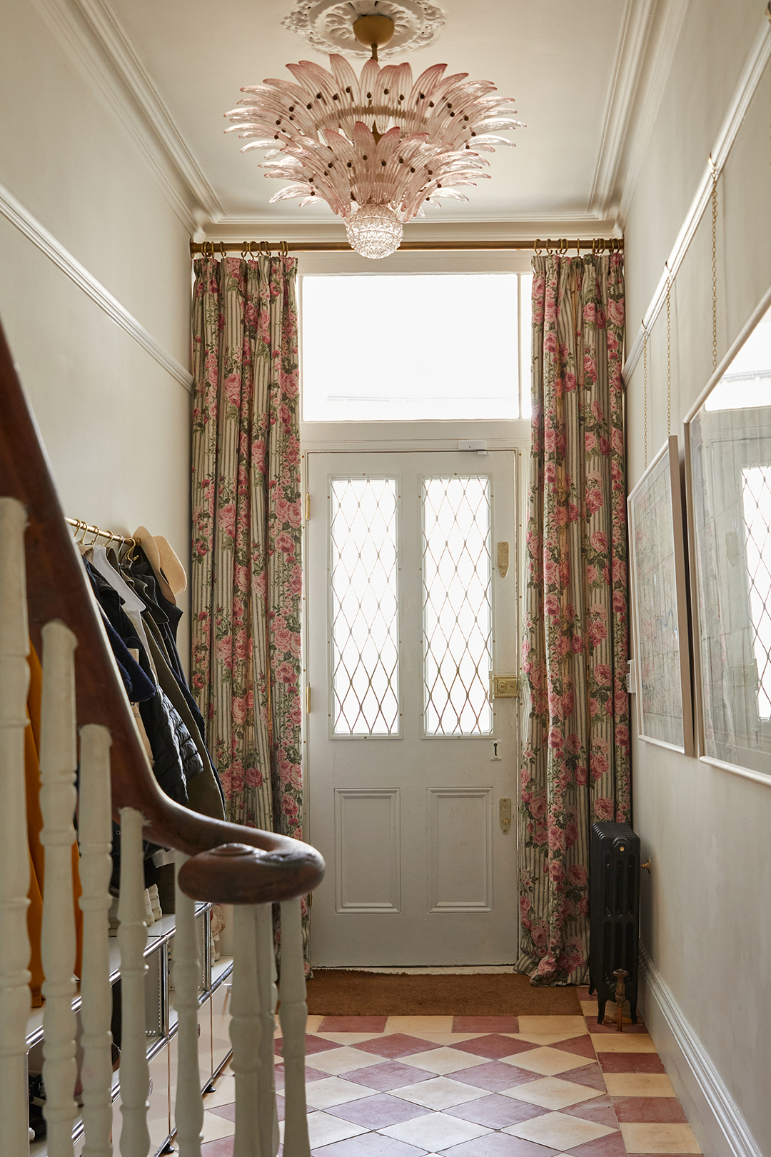 floral curtains around doorway