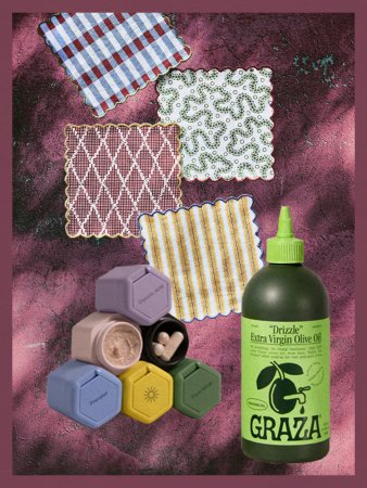 November Deals of silos of Graza EVOO Drizzle bottle, Cadence magentci containers six stacked together, and four napkins from matilda goad with scalloped edges