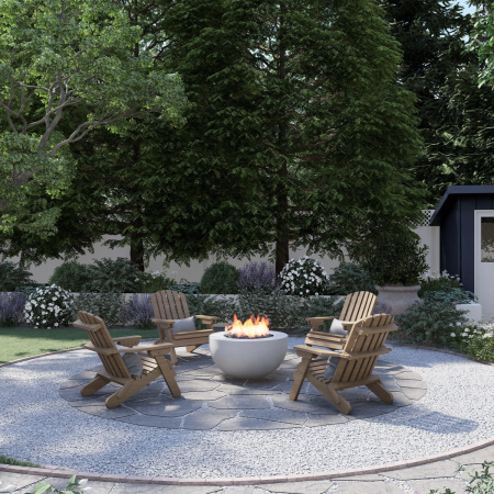  backyard with adirondack chairs around a fire pit