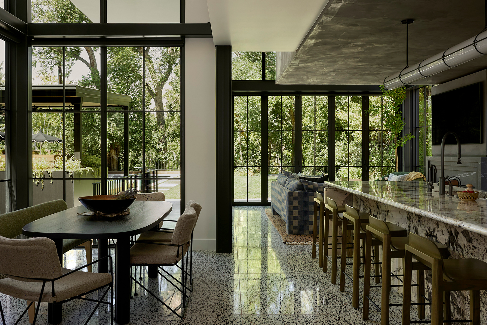 industrial kitchen with marble island