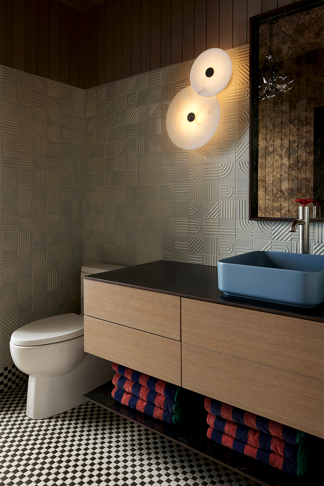 floating vanity in industrial bathroom