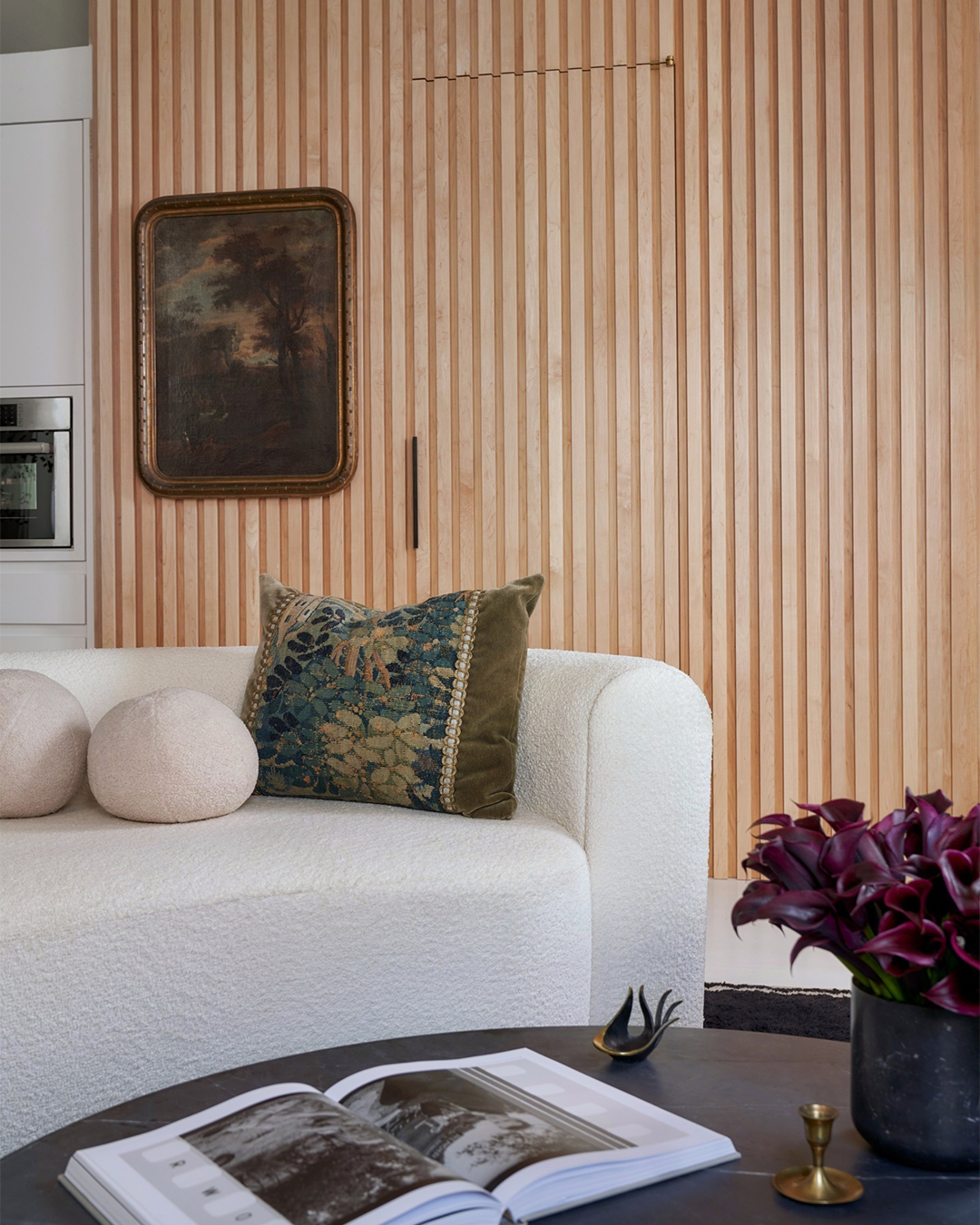 slatted wall behind sofa