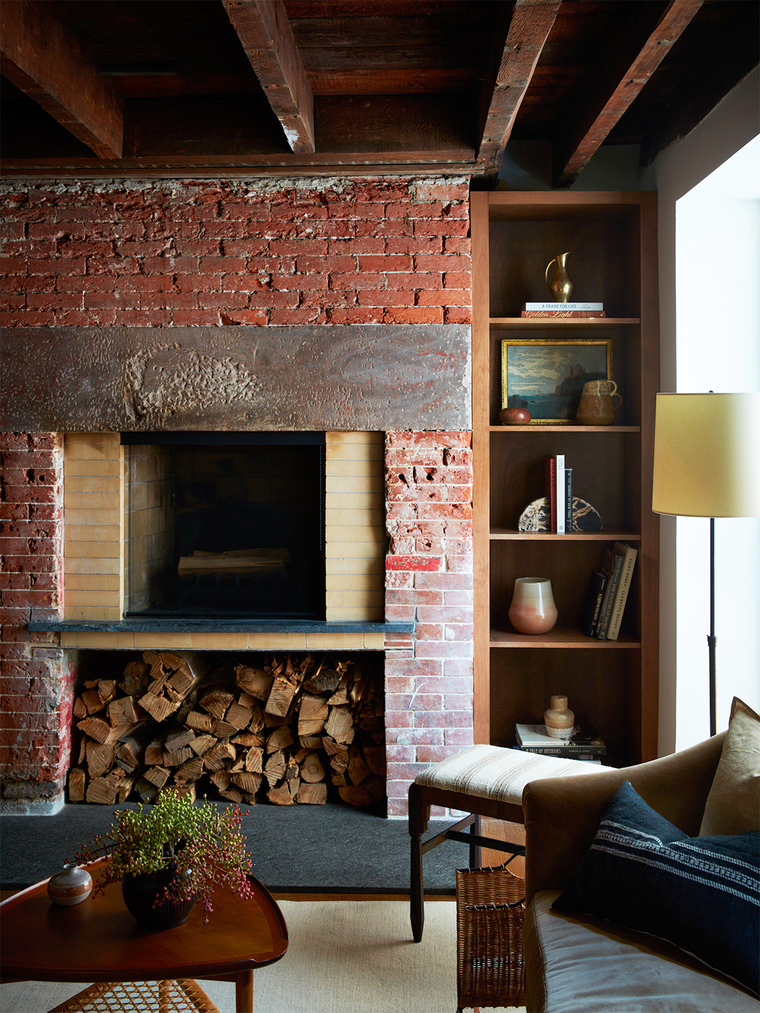 red brick fireplace