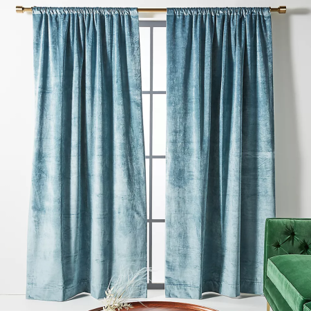  blue matte velvet curtains from anthropologie