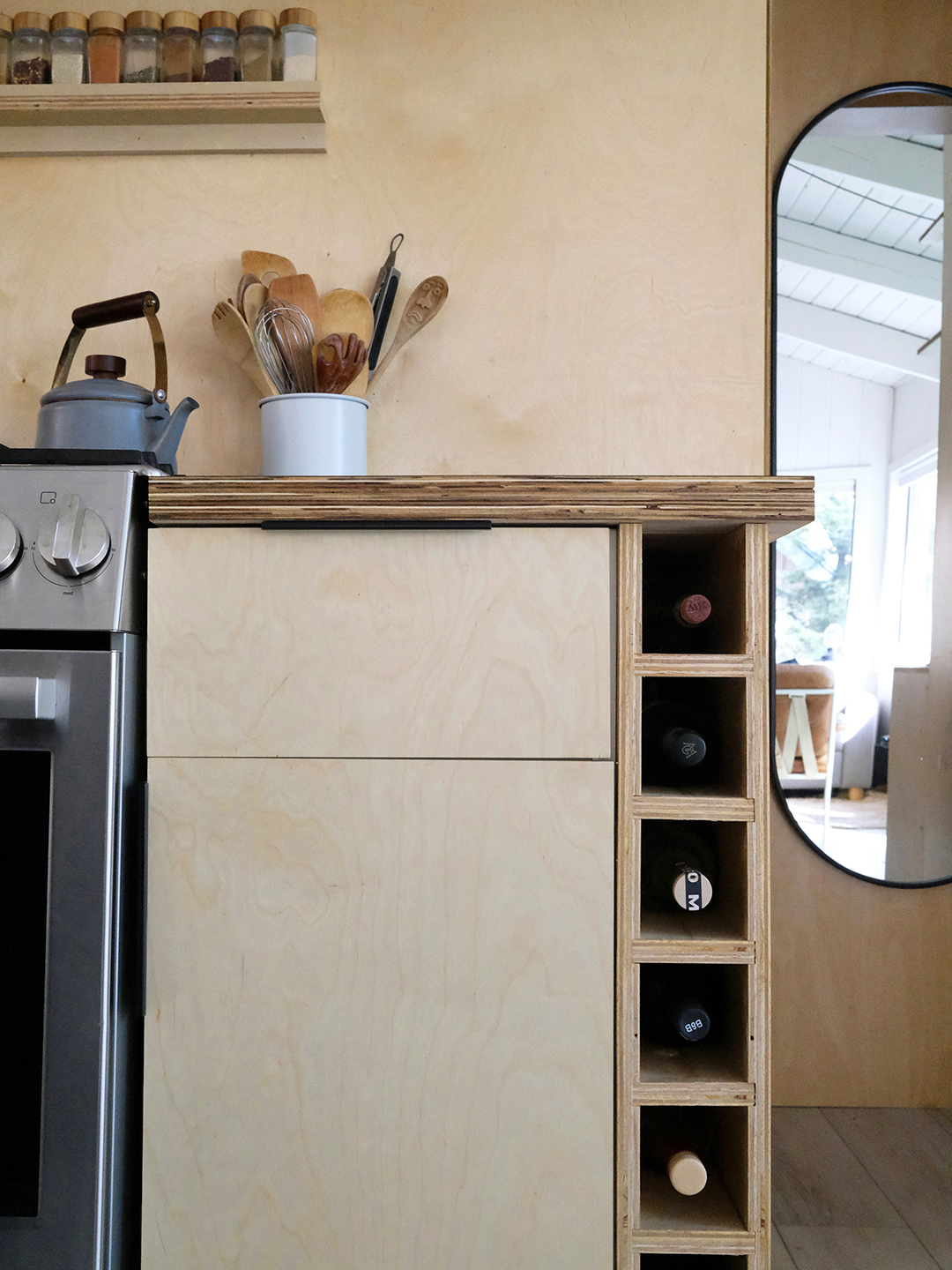 wine rack next to cabinet