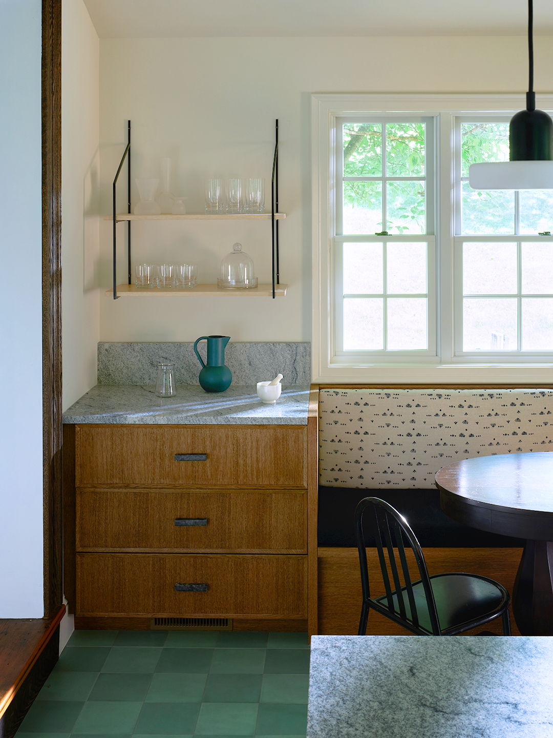 Kitchen with green checkerboard floors