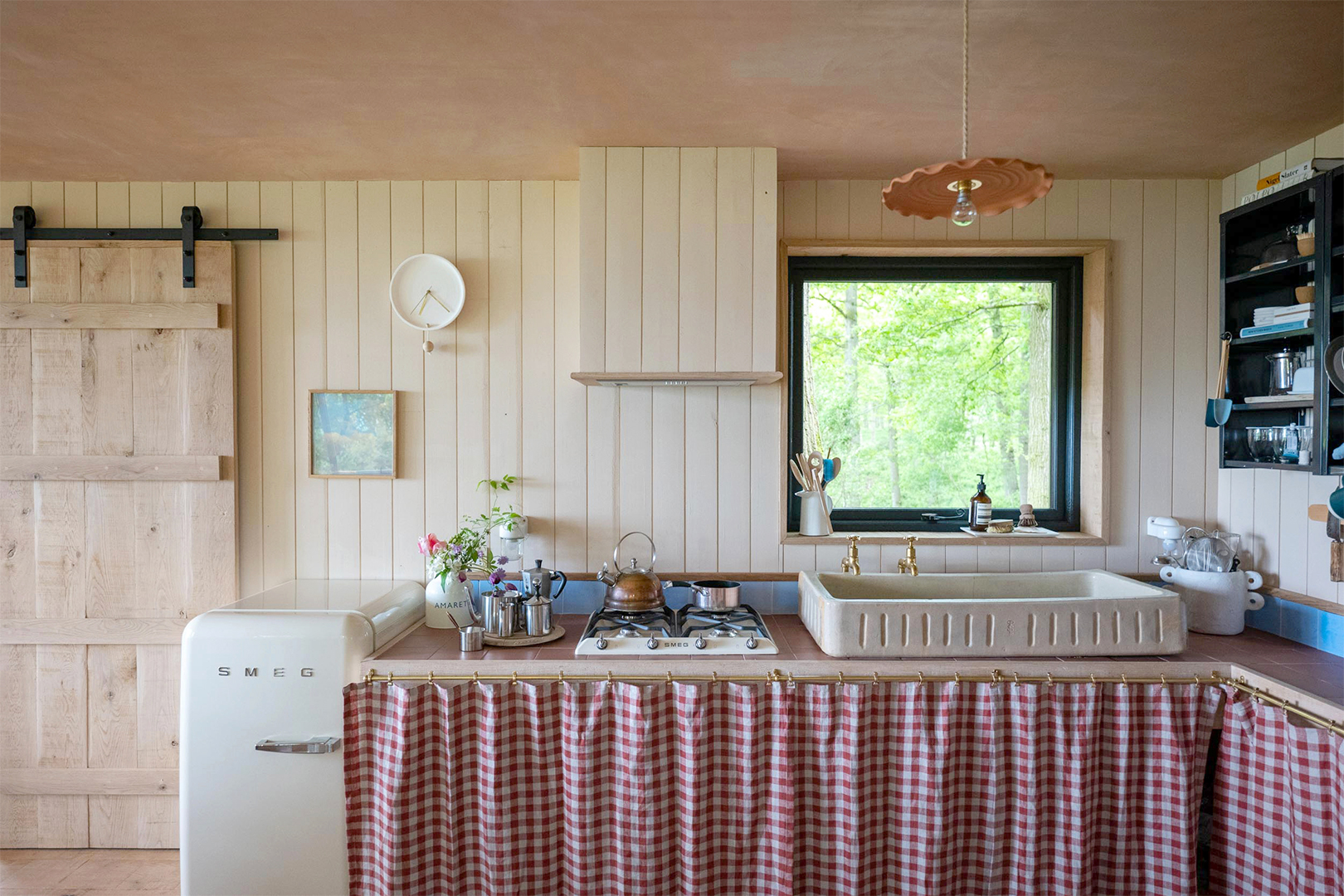 red curtains under countertop