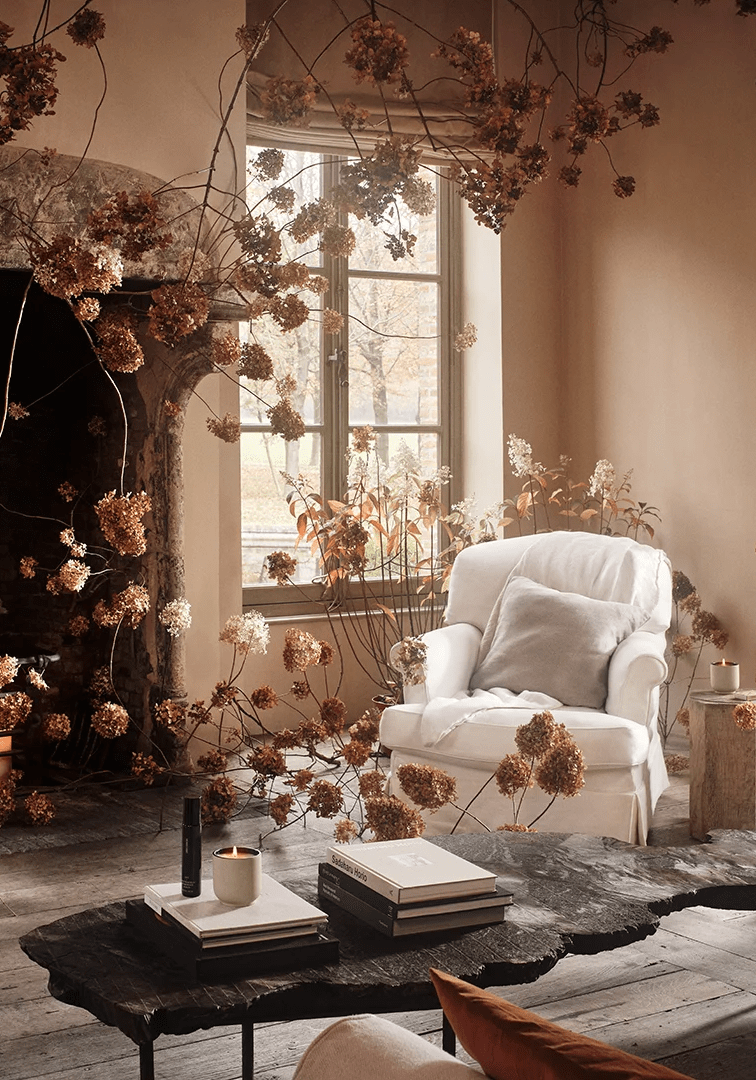 Living room with flowers growing everywhere