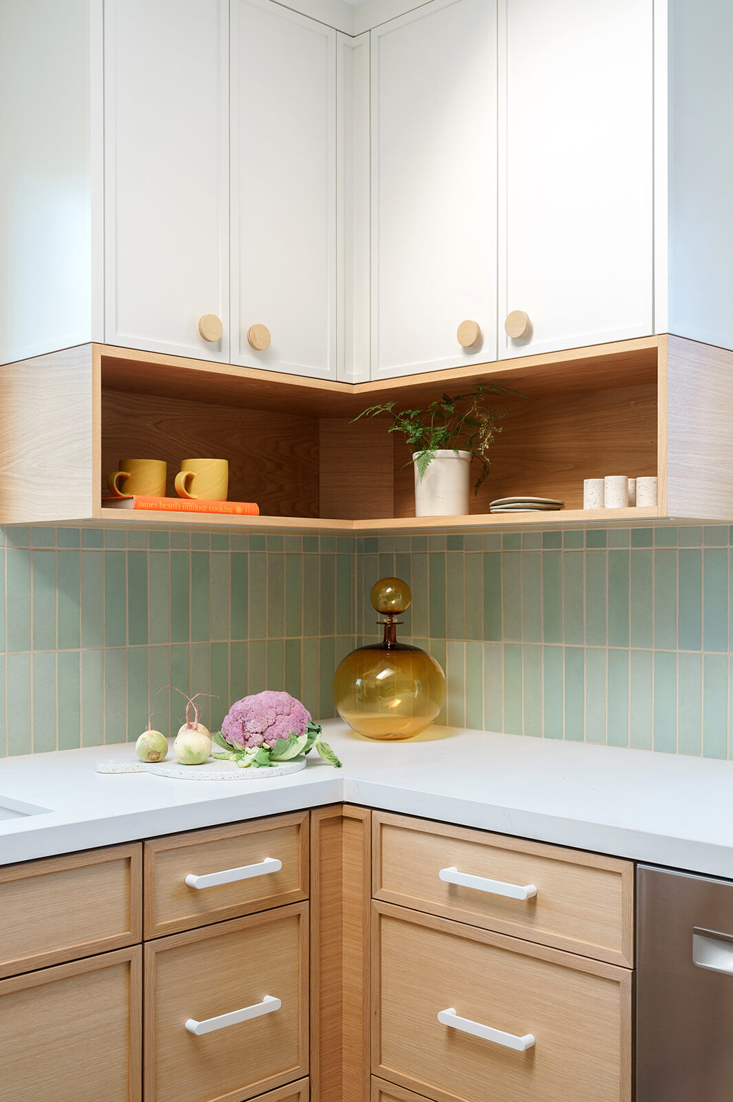 open cubbies under upper cabinets