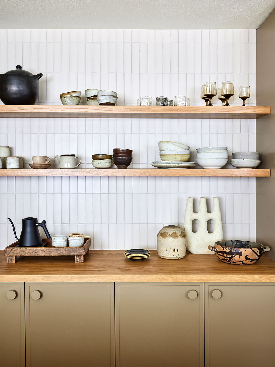 wood open shelving