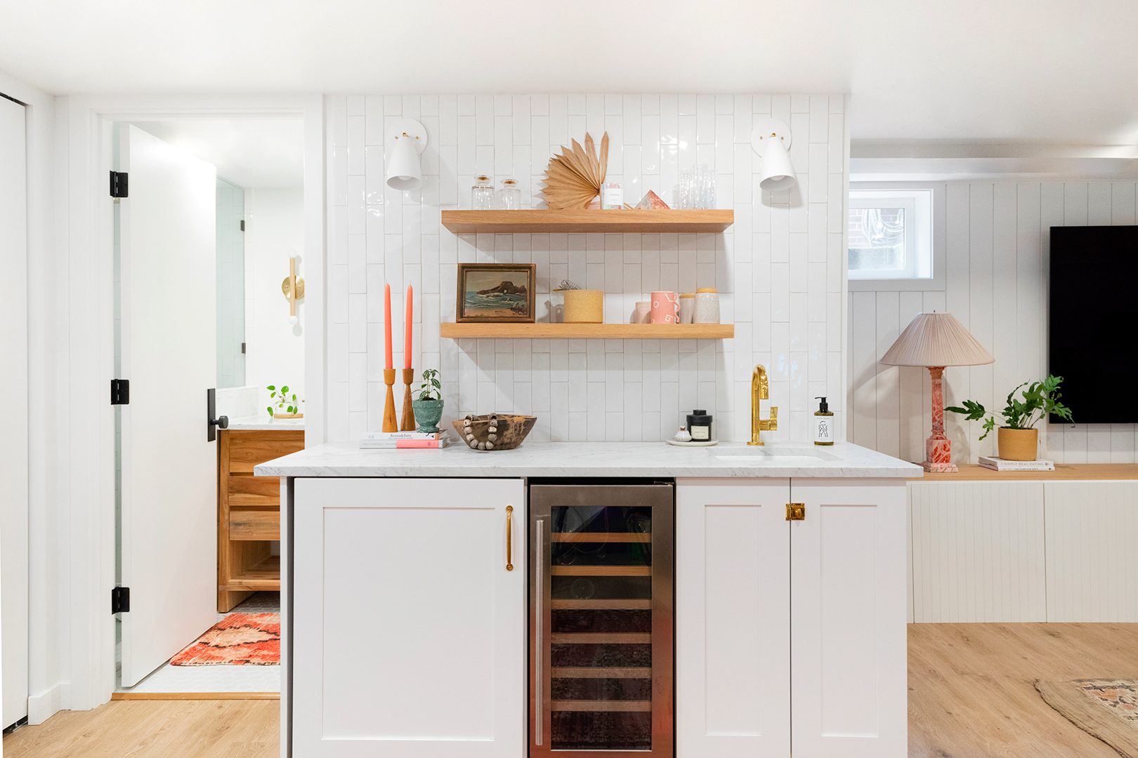 Bright white basement bar