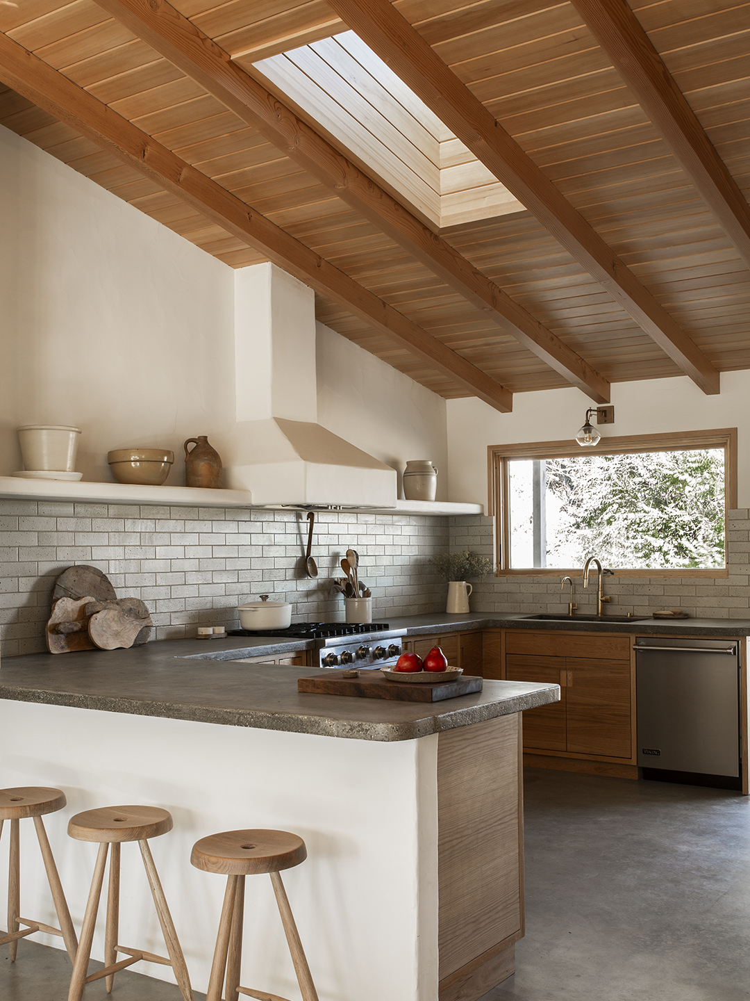 natural, white kitchen with beamed ceiling