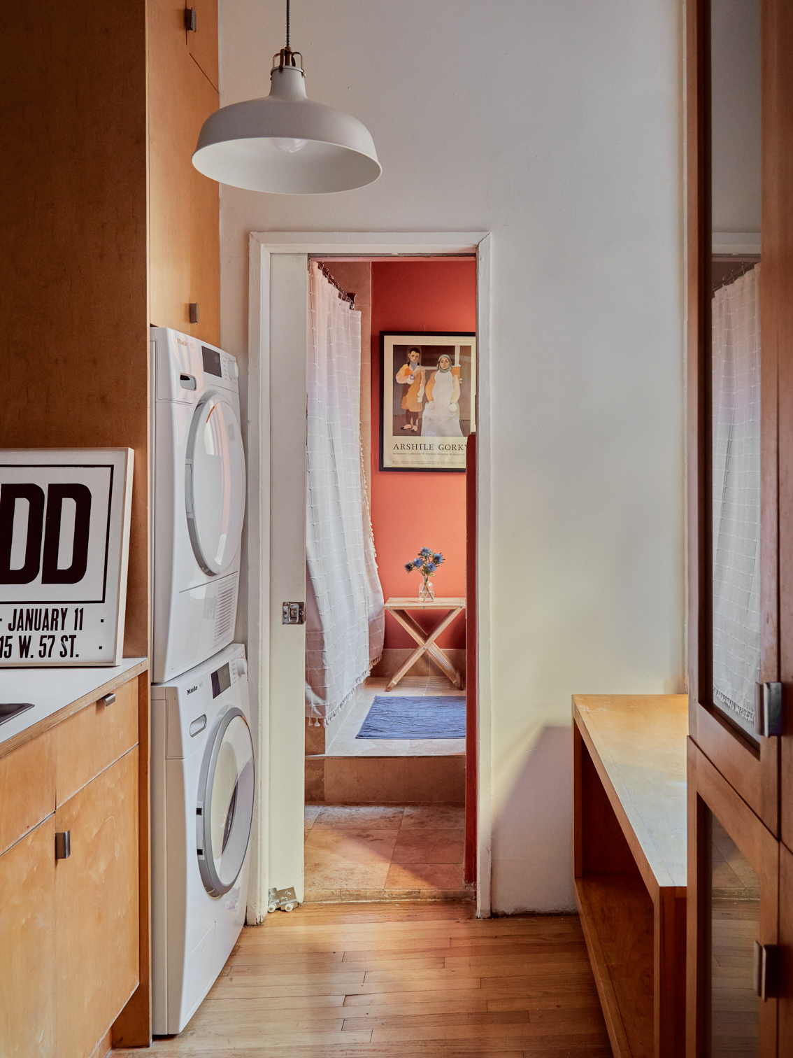 view into red bathroom