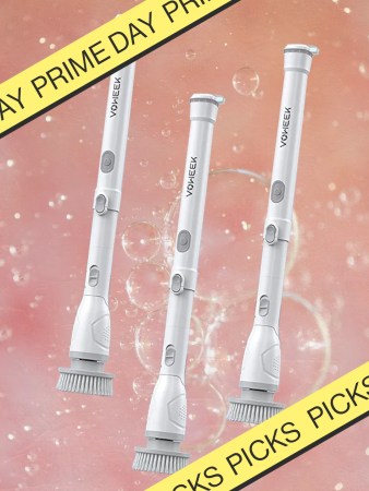 three electric scrubber brushes from Voweek on a pink and bubble background with Prime Day Picks border treatment