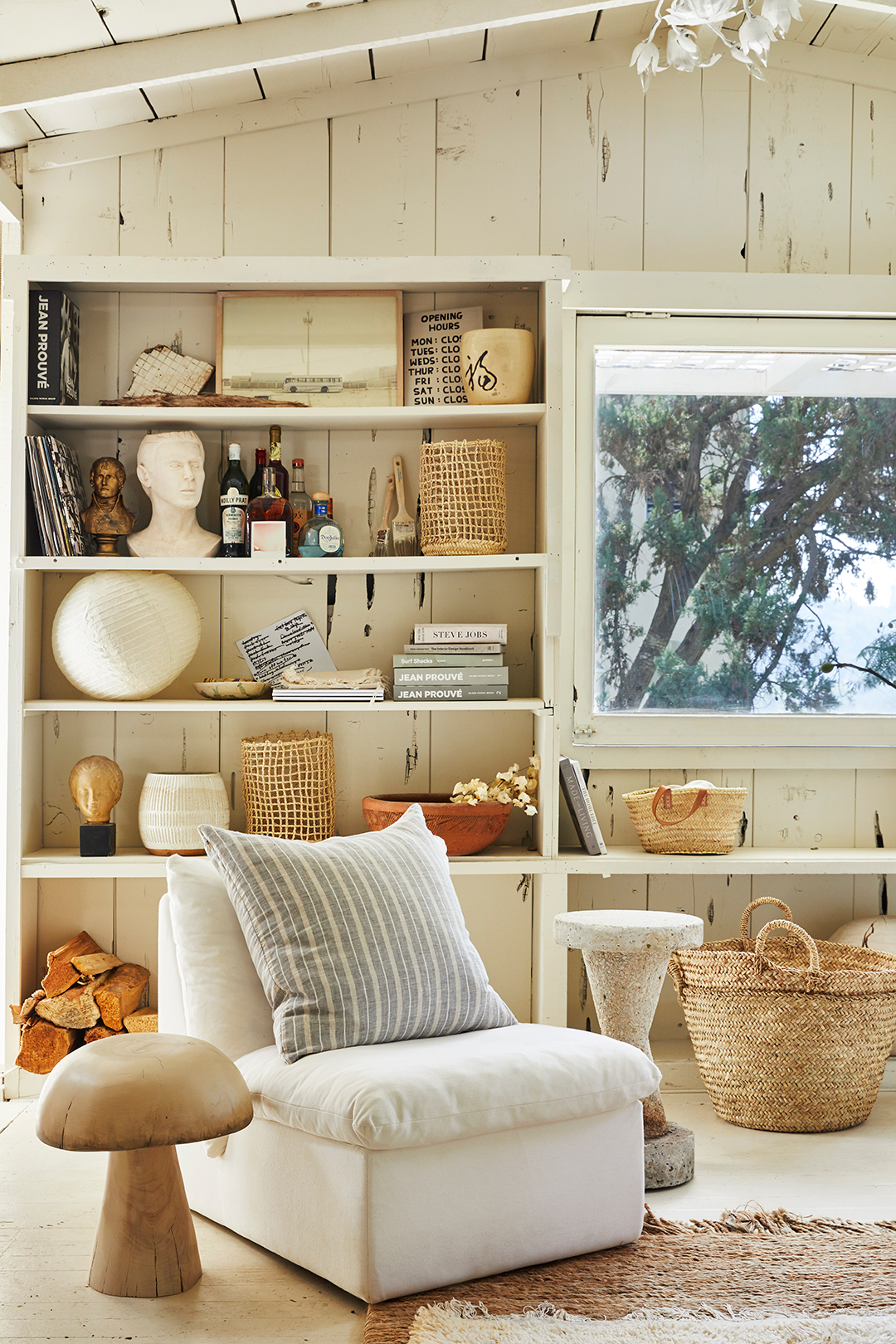 rustic cream paneled walls with bookcase