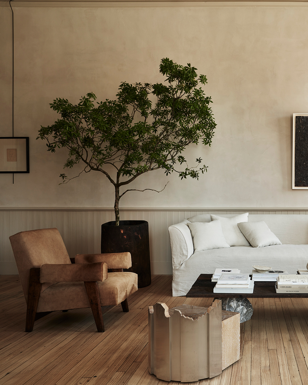 Living room with a tree