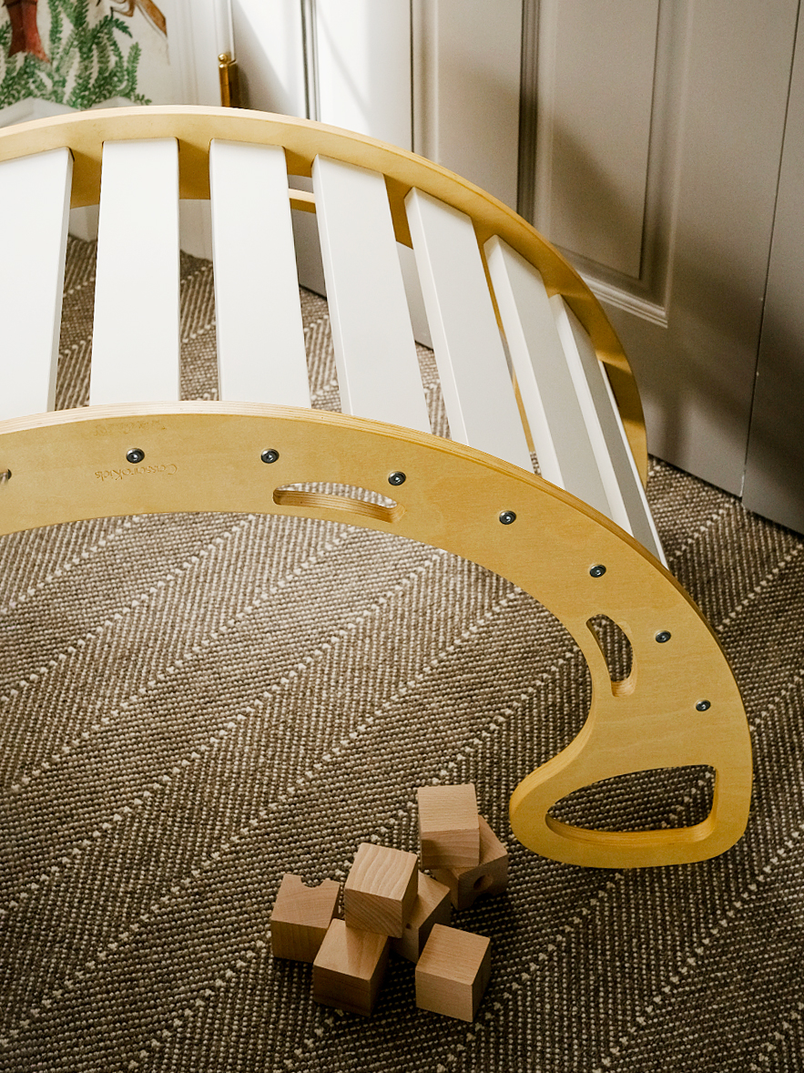 Close up shot of Cassarokids Jumbo Waldorf Rocker in Blanc