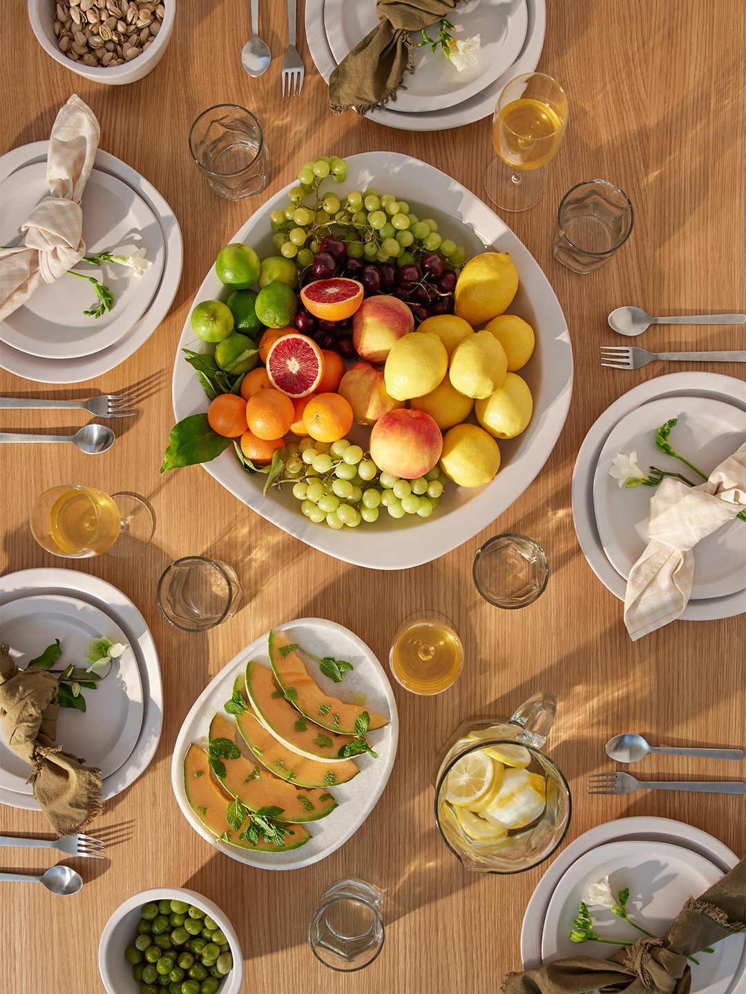 Overhead shot of fruit in a bowl on a table