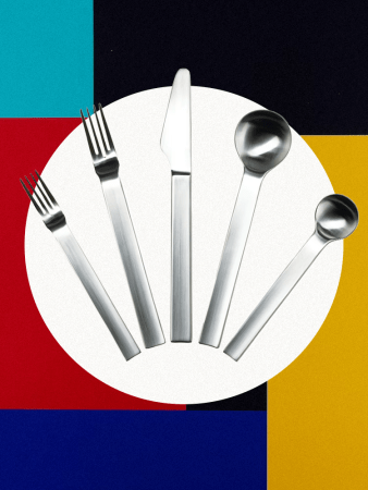 five pieces of flatware on bauhaus background