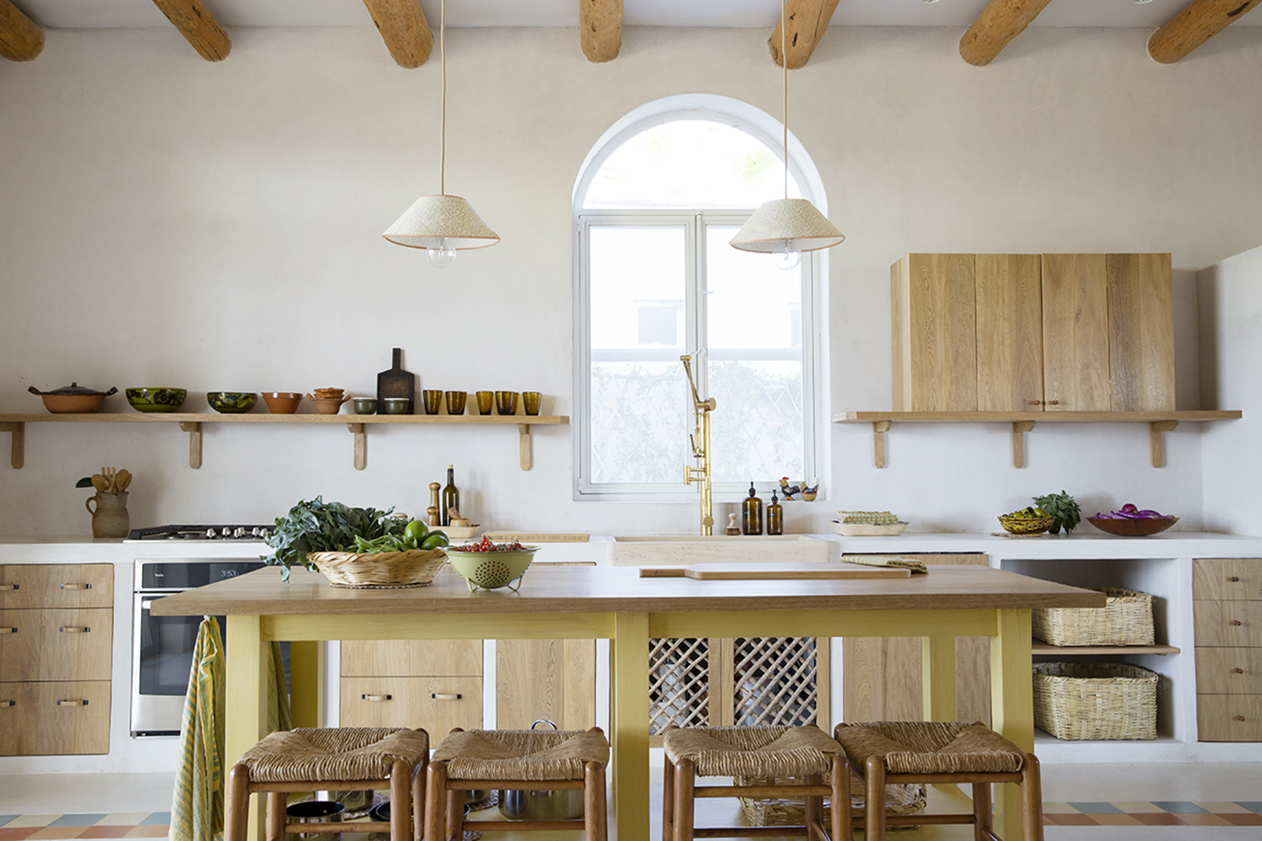 minimalist wood kitchen with yellow island