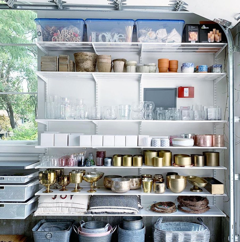 organized home items on garage shelf