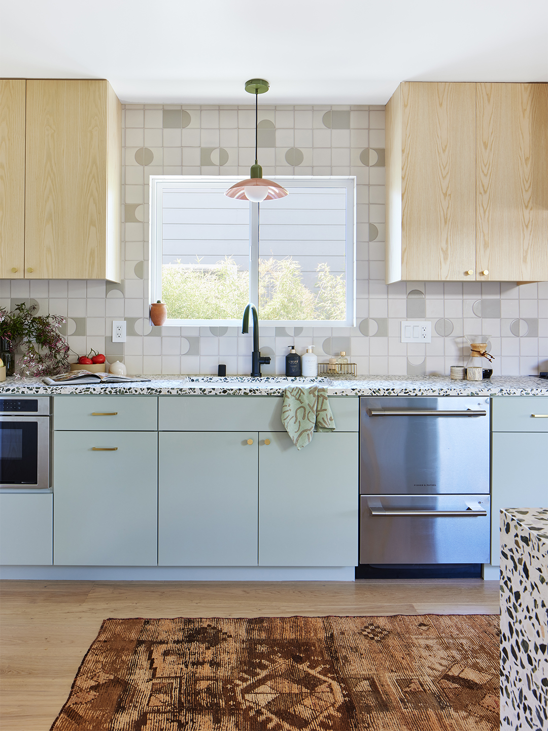 wood and green kitchen cabinets