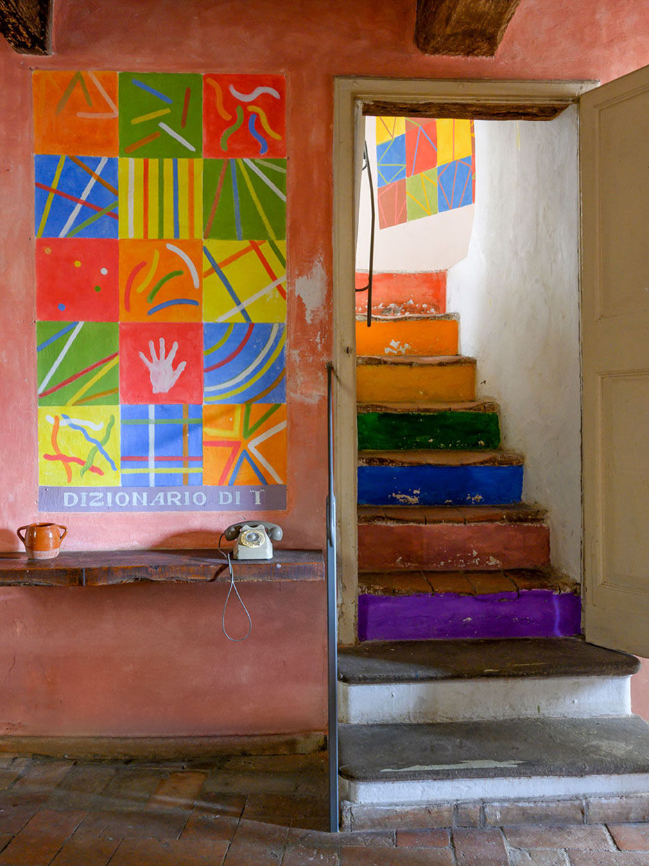 colorful stairway and wall mural