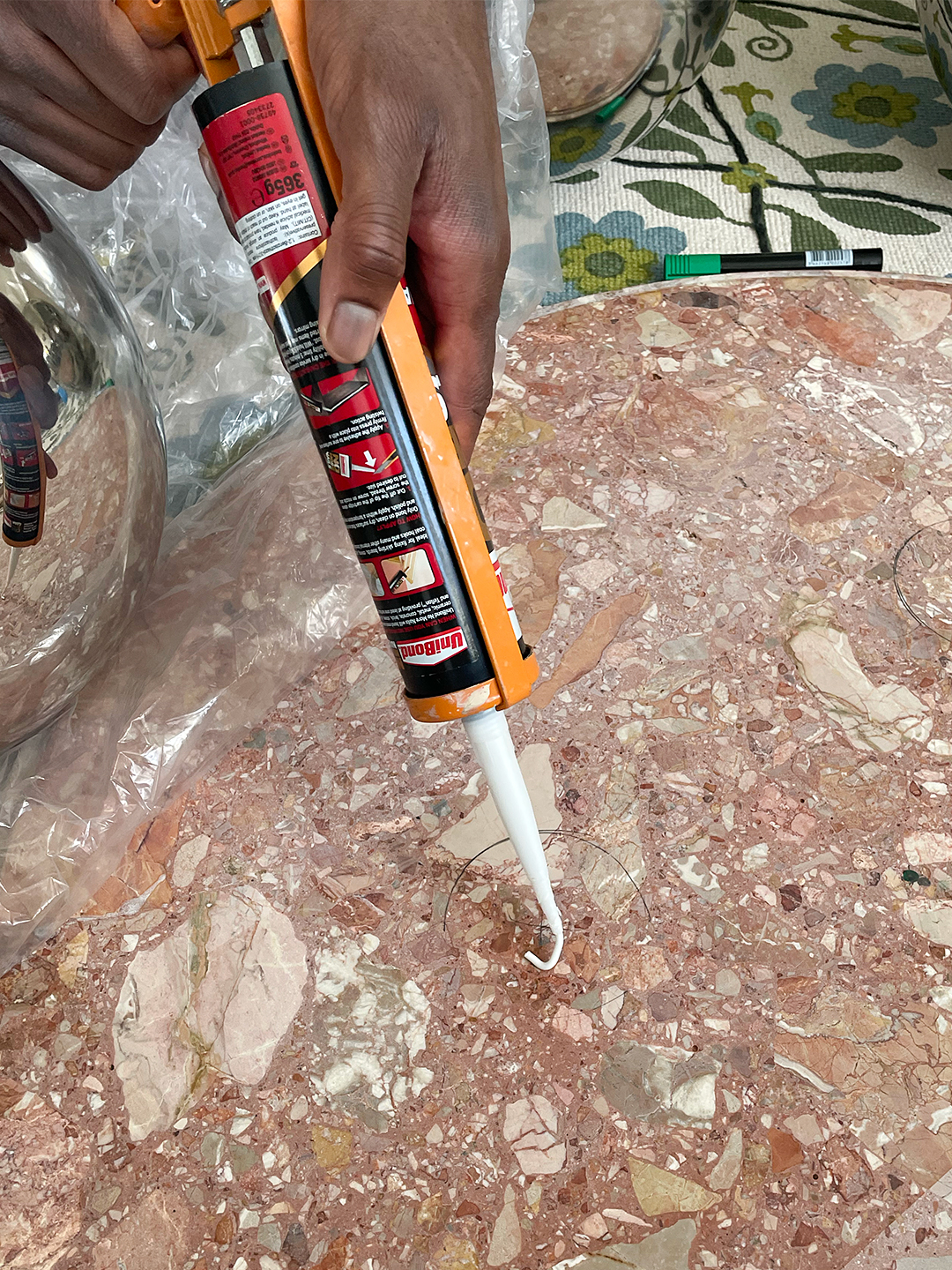 glue touching marble