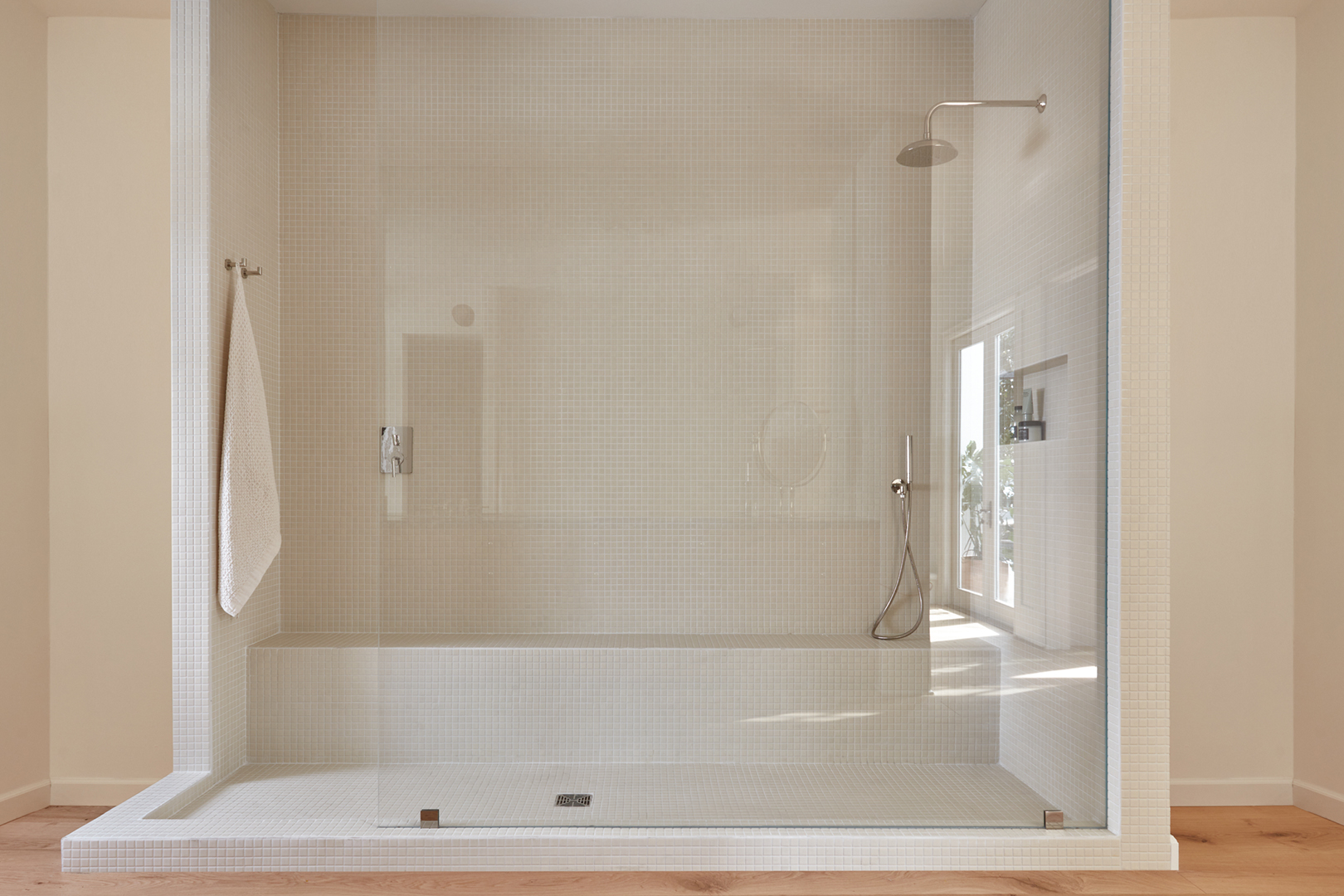 white tiled shower