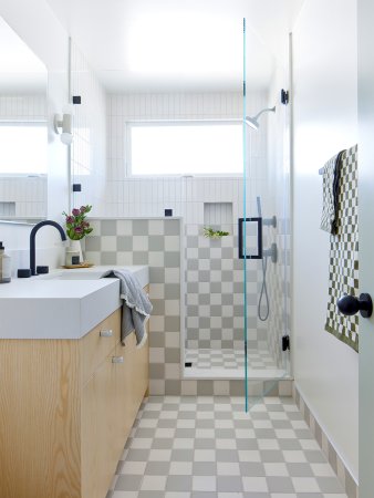 gray and white checkered bathroom tile