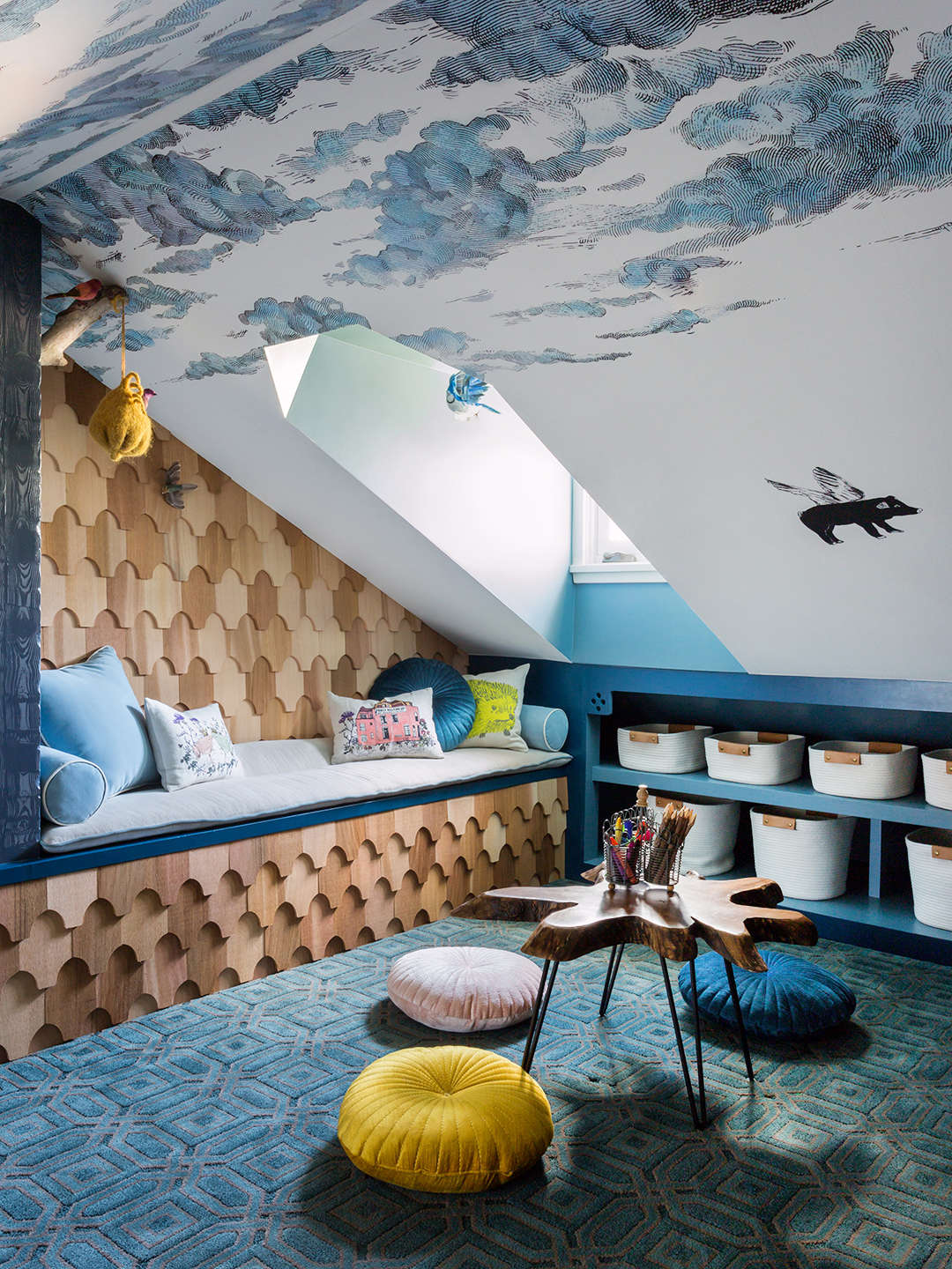 Kids room with wood shingles on walls