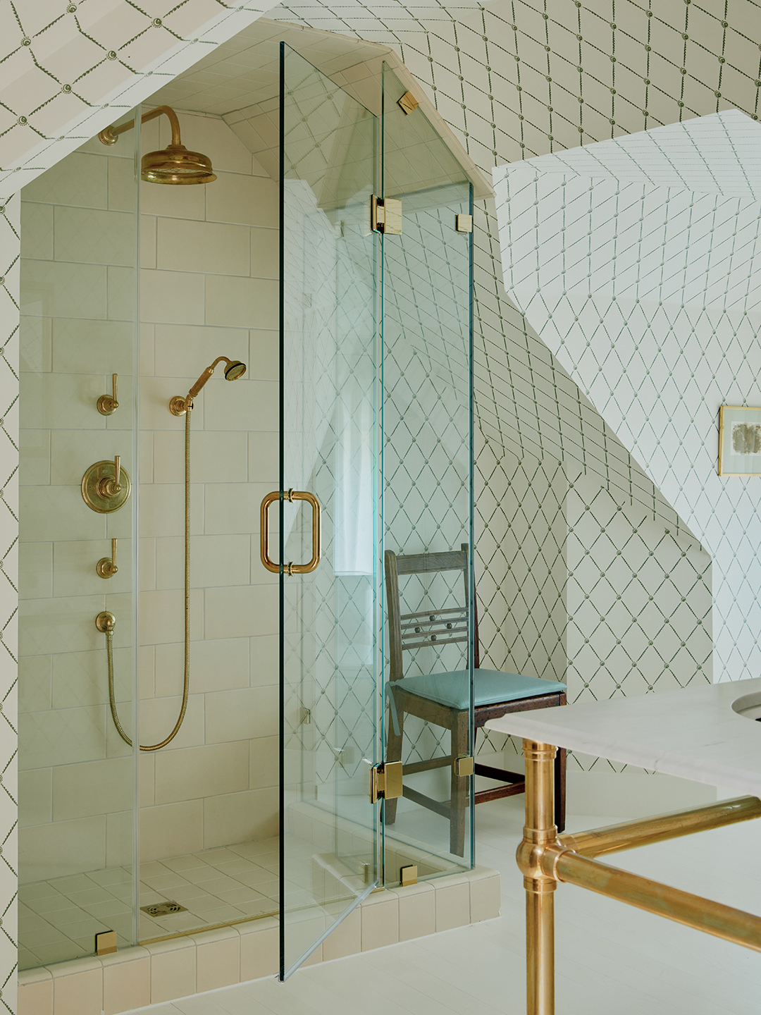 wallpapered attic bathroom