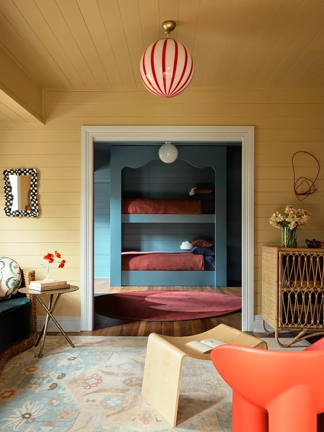 Yellow room with candy-stripe overhead lighting