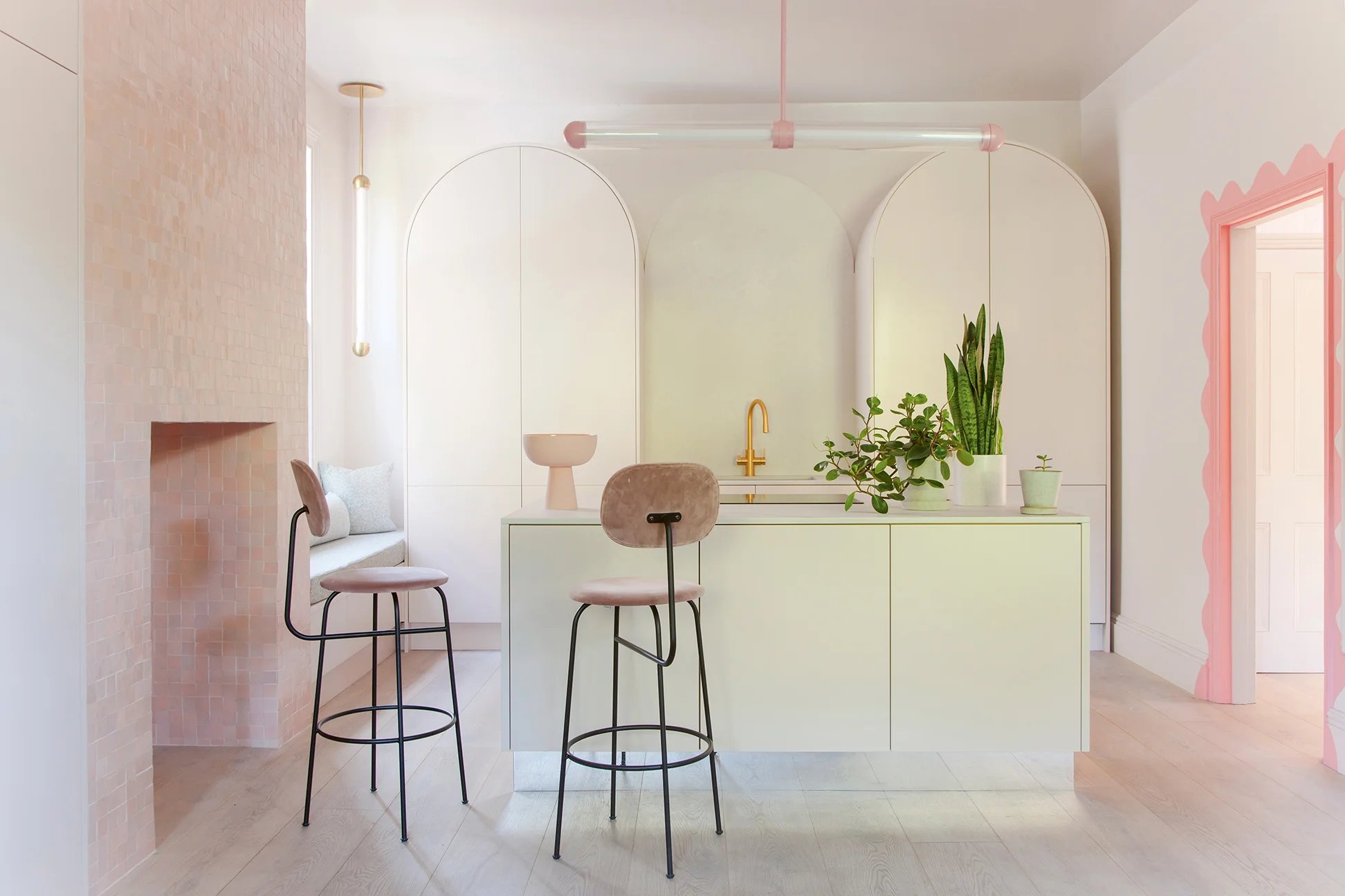 kitchen with scalloped pink trim