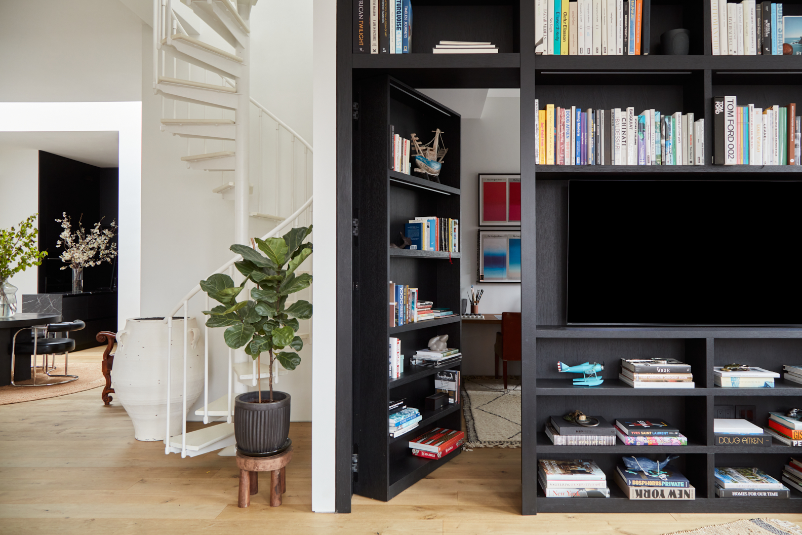 hidden doorway in black bookshelf