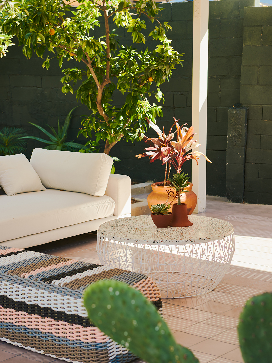 white steel outdoor coffee table