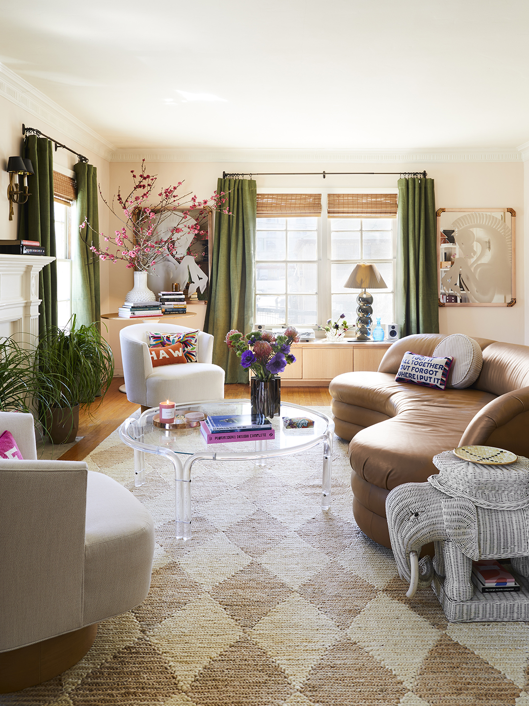 eclectic living room with curved couch