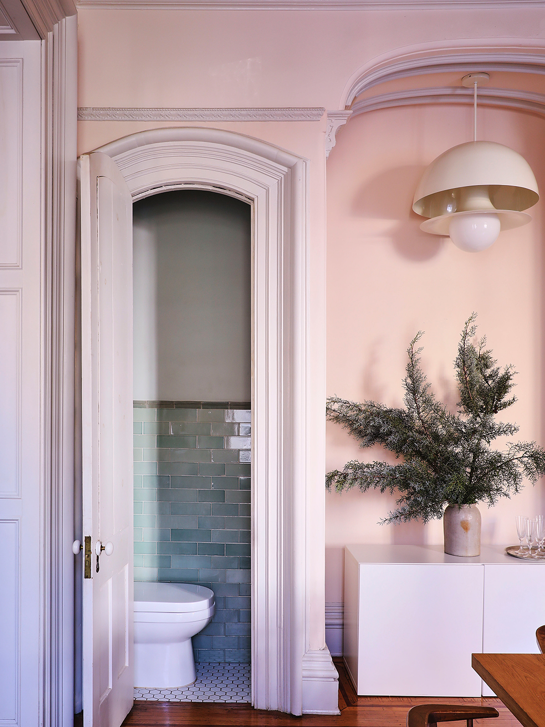 green tiled powder room