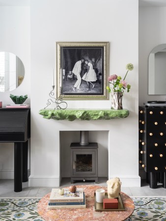 green fireplace mantel