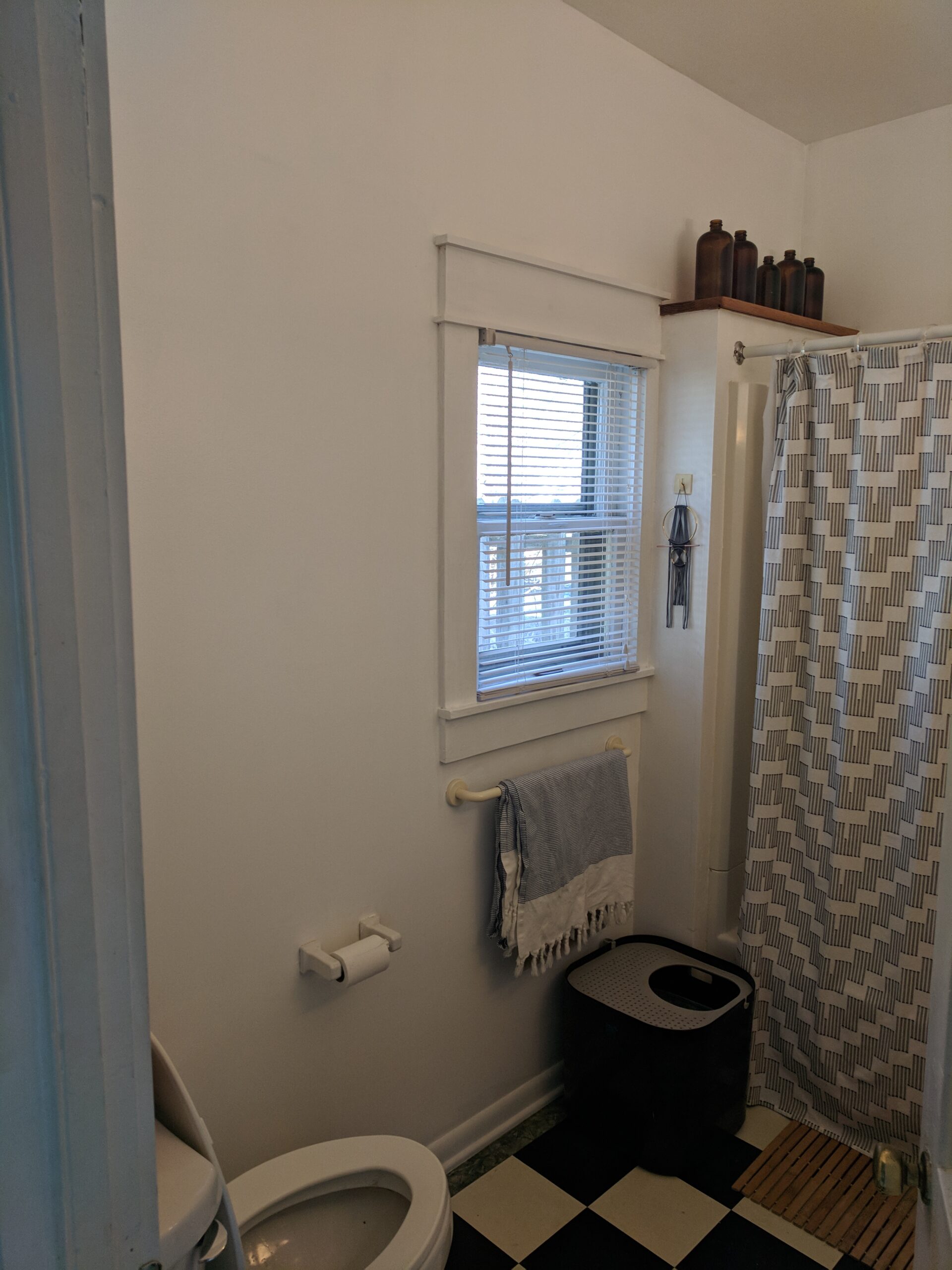 dark bathroom with tub curtain