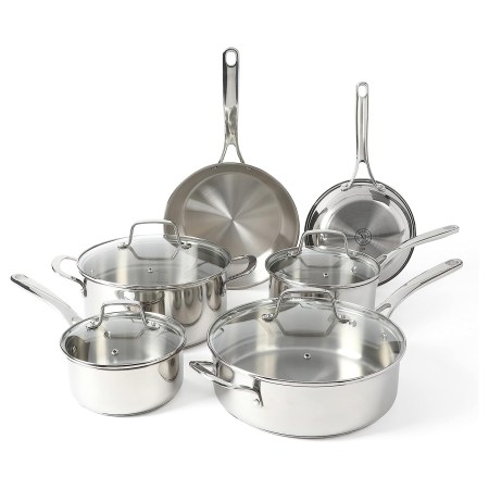  Martha Stewart Castelle 10 Piece 18/8 Stainless Steel Induction Safe Pots and Pans Non-Toxic Cookware Set