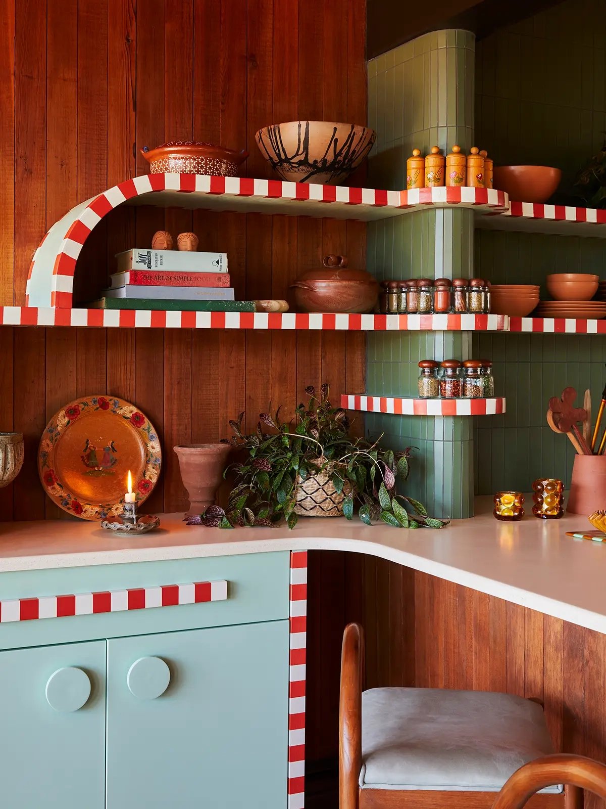 striped shelves around post